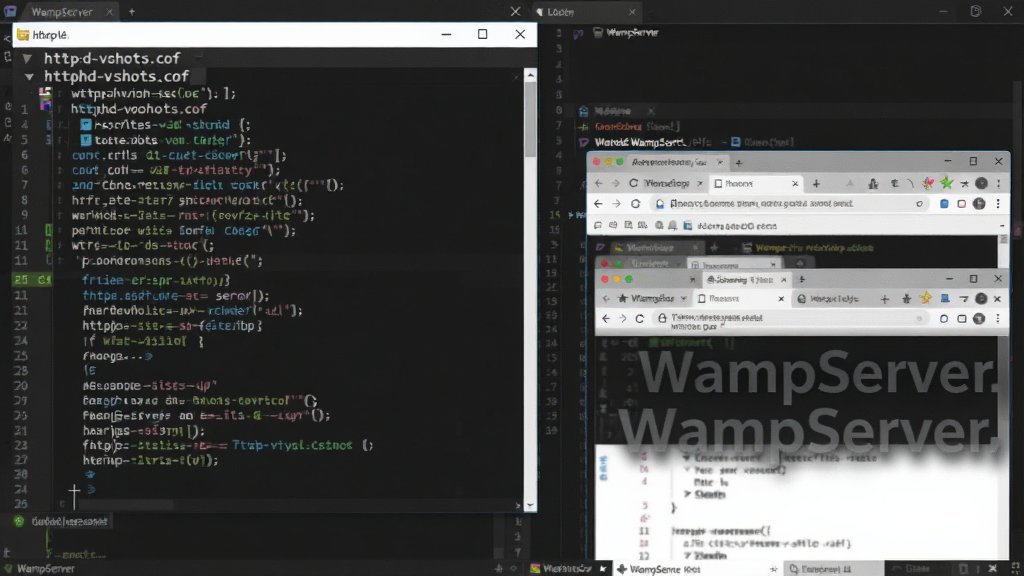 WampServer虚拟主机配置界面,画面展示一个文本编辑器窗口,窗口内是httpd-vhosts.conf配置文件内容,旁边有浏览器打开多个本地域名的标签页,背景为深色代码编辑风格,布局为左右分栏排版,风格为开发者工具界面,细节上代码高亮显示,画质清晰,文字标注