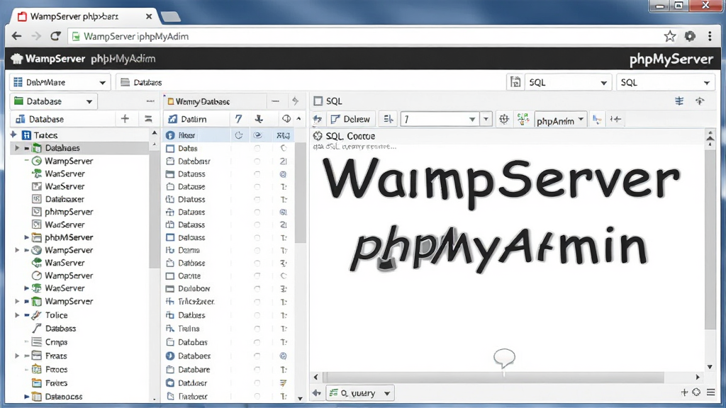 WampServer集成phpMyAdmin界面,画面展示浏览器中打开的phpMyAdmin管理页面,左侧是数据库列表,右侧是SQL查询窗口,背景为白色简洁风格,布局为典型的Web管理后台排版,风格为专业数据管理界面,细节上表格与按钮清晰可见,画质高清,文字标注