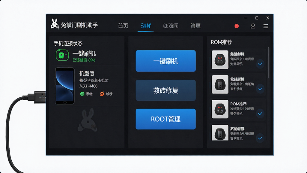 一张展示兔掌门刷机助手软件主界面的图片,主体是电脑屏幕上打开的兔掌门刷机助手软件窗口,窗口左侧显示手机连接状态和机型信息,中间区域展示一键刷机、救砖修复、ROOT管理等功能按钮,右侧为ROM推荐列表,布局清晰分为三大板块,排版采用左右分栏加顶部导航栏的形式,风格为现代科技感深色主题搭配蓝色高亮按钮,细节上手机通过USB线连接电脑并显示绿色已连接标识,界面文字使用中文标注“兔掌门刷机助手”和“一键刷机”,画质为高清2K分辨率,画面干净整洁,无多余元素干扰