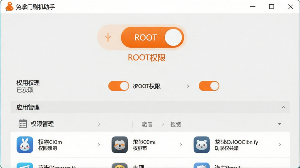 一张展示兔掌门刷机助手ROOT权限管理界面的图片,主体是软件窗口中显示ROOT开关按钮和权限管理列表,布局为上方大按钮下方应用权限列表,排版清晰分为权限开关区和应用管理区,风格为简约现代的浅灰色主题搭配橙色高亮开关,细节上界面显示“ROOT权限”“已获取”“权限管理”等中文标签和应用图标列表,带有兔掌门刷机助手品牌标识,画质为高清2K分辨率,画面干净整洁,无多余元素