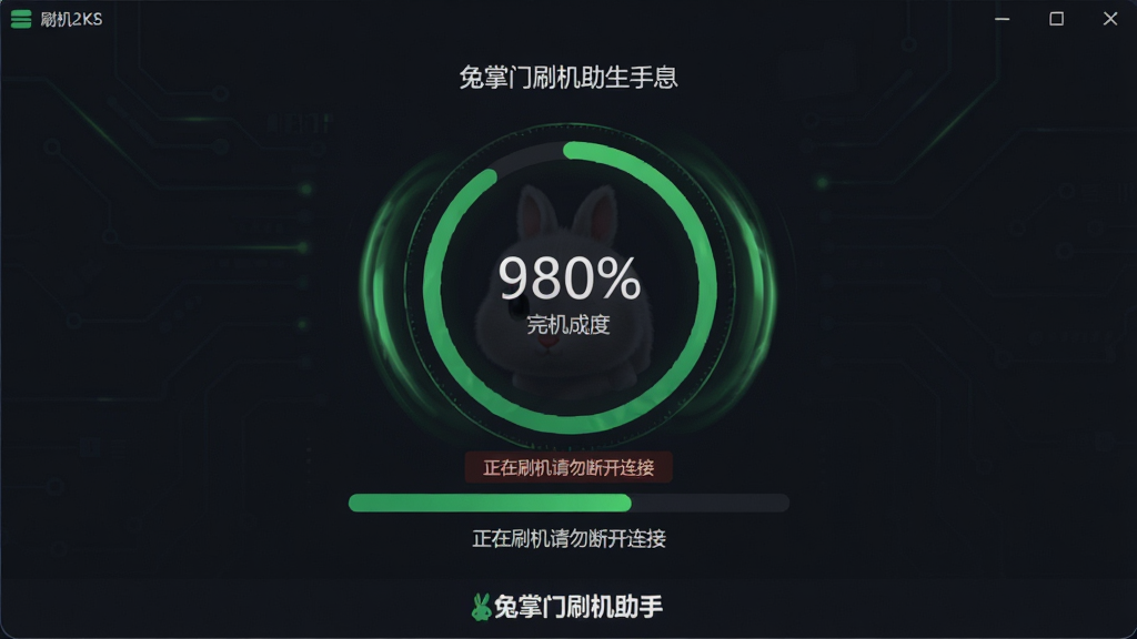 一张展示兔掌门刷机助手一键刷机进度界面的图片,主体是软件中央的大圆形进度条显示刷机完成度百分比,布局以上下结构为主上方显示手机机型信息下方为进度条和状态文字,排版简洁居中,风格为科技感深色背景搭配绿色进度指示,细节上进度条周围有旋转动画效果和“正在刷机请勿断开连接”的警示文字,界面底部有“兔掌门刷机助手”品牌标识,画质为高清2K分辨率,画面干净利落,无多余元素
