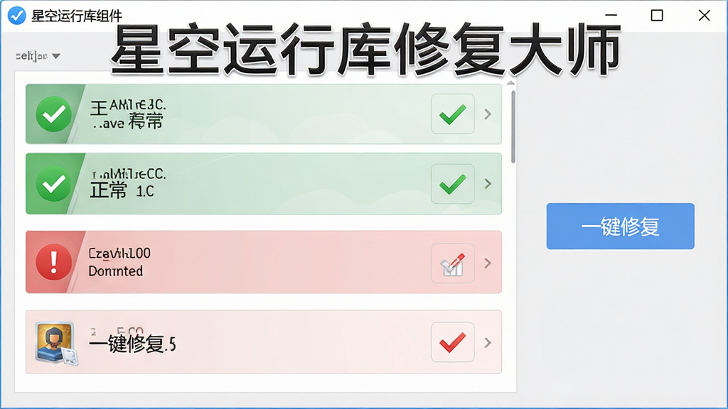 一张展示星空运行库修复大师智能扫描功能的图片,画面中软件界面显示多个运行库组件的检测结果,绿色勾选表示正常,红色感叹号表示缺失,界面右侧有