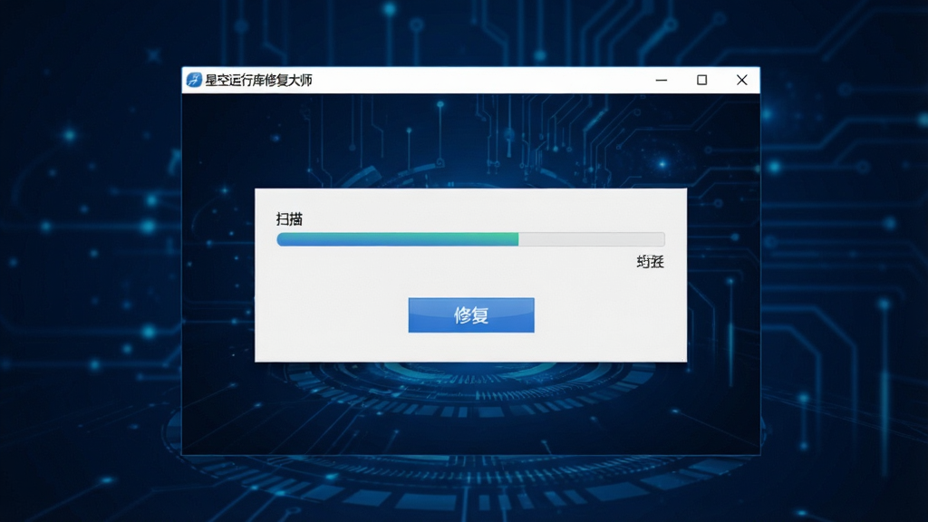 一张展示星空运行库修复大师软件主界面的图片,画面中央是软件窗口,窗口内显示扫描进度条和修复按钮,背景为深蓝色科技风格,界面简洁清晰,窗口标题栏写着