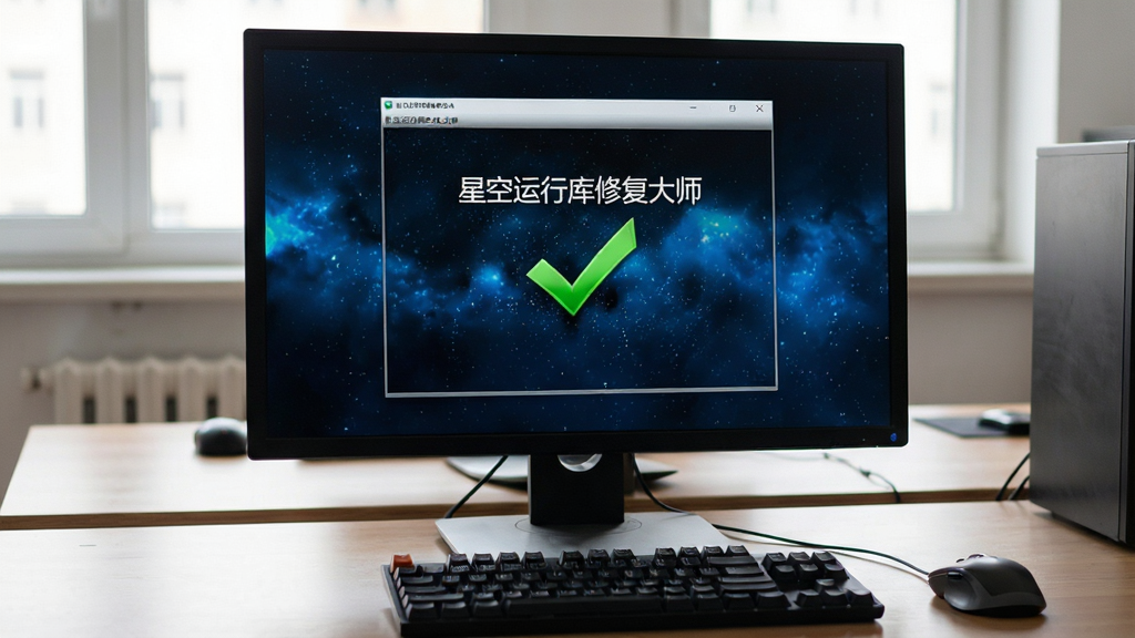 一张展示星空运行库修复大师使用教程的图片,画面中电脑屏幕显示软件修复完成界面,绿色对勾标识修复成功,屏幕旁边有鼠标和键盘,背景为办公桌面,风格真实自然,画面中软件标题