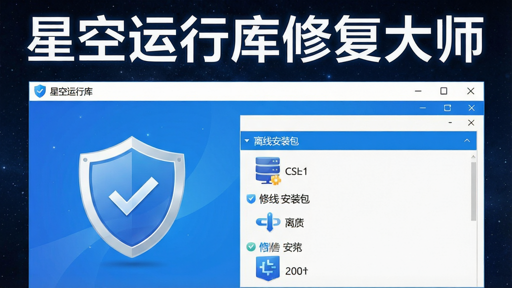 一张展示星空运行库修复大师安全修复与离线安装功能的图片,画面中软件界面显示安全盾牌图标和离线安装包列表,界面色调为蓝色与白色搭配,标题