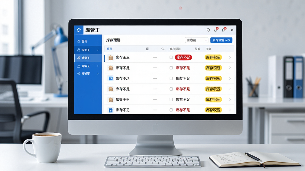 一张展示库管王库存预警功能的AI生图,画面中央是电脑屏幕,屏幕上显示库管王软件的库存预警列表,多条商品记录旁标注红色“库存不足”与黄色“库存积压”标签,屏幕前方桌面上放着一杯咖啡和一本记事本,背景为办公室环境,风格为简约商务,色调以蓝白为主,画质高清,干净无多余元素