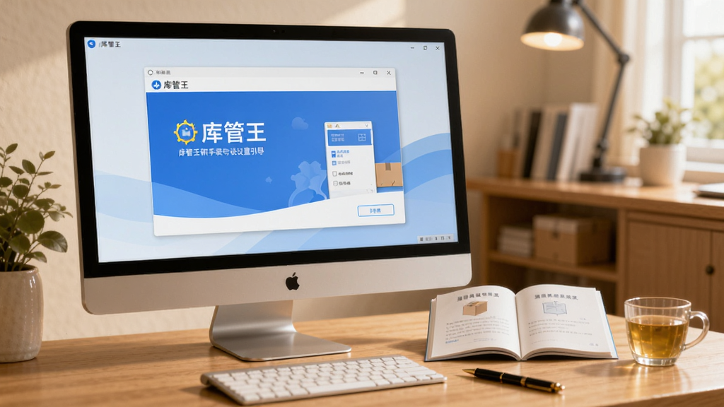 一张展示库管王新手安装与设置引导的AI生图,画面中电脑屏幕显示库管王安装向导界面,旁边放着一本打开的操作手册,桌面上还有一支笔和一杯茶,背景为居家办公环境,风格为温馨写实,色调以暖白和浅蓝为主,画质清晰,干净无多余元素
