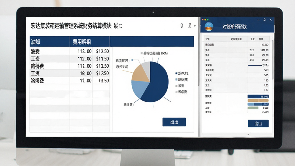 宏达集装箱运输管理系统财务结算模块展示,画面为电脑屏幕显示费用明细表格与饼状图,表格中包含油费、路桥费、工资等条目,右侧为对账单预览,风格商务简约,色调以白色和深蓝色为主,细节包括数字金额、导出按钮、图表标注,画质清晰干净无多余元素