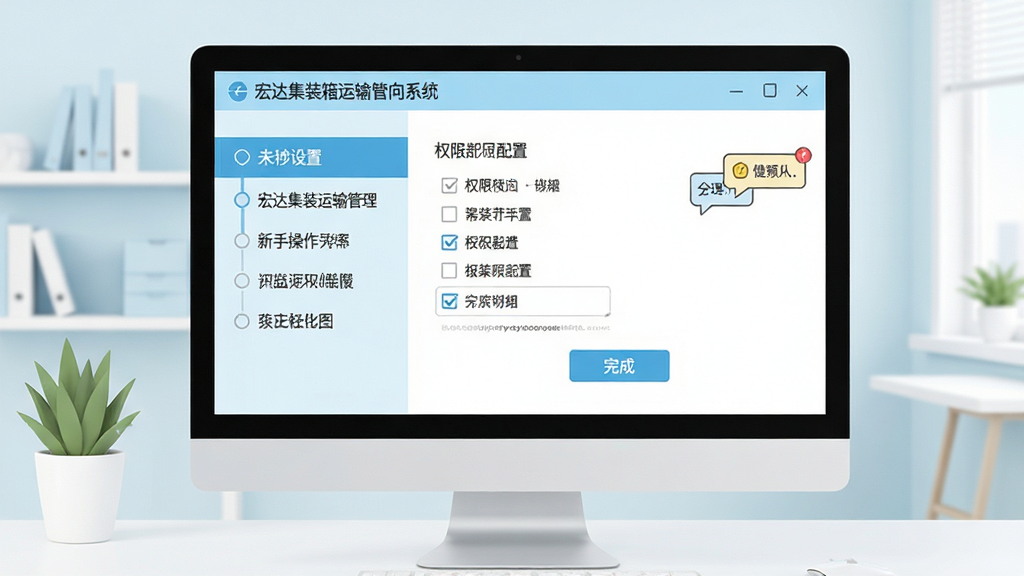 宏达集装箱运输管理系统新手操作引导图,画面为电脑屏幕显示系统设置向导界面,左侧为步骤导航,右侧为权限配置选项,背景为简洁办公桌面,风格清新扁平化,色调以浅蓝和白色为主,细节包括勾选框、提示气泡、完成按钮,画质清晰干净无多余元素