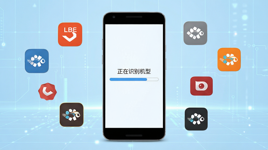 LBE一键ROOT智能识别手机型号场景,画面中央是一部安卓手机,手机屏幕显示“正在识别机型”的进度条,周围漂浮着各种手机品牌Logo图标,背景为浅蓝色科技网格,风格简洁明快,高清画质,干净无多余元素