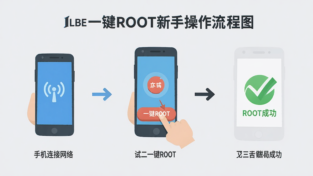 LBE一键ROOT新手操作流程图,画面分为三个步骤,第一步手机连接网络,第二步点击一键ROOT按钮,第三步显示ROOT成功打勾,采用扁平化插画风格,背景为浅灰色,布局清晰,高清画质,干净无多余元素