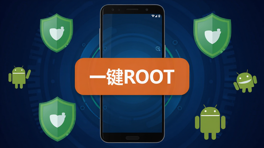 LBE一键ROOT软件主界面展示,居中布局,手机屏幕中显示大大的“一键ROOT”按钮,背景为深蓝色科技感渐变,周围环绕绿色安全盾牌图标与安卓机器人小图标,界面干净简洁,无多余元素,高清画质,扁平化UI风格