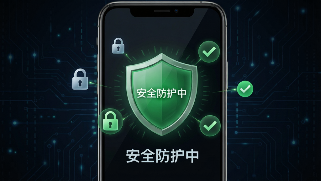 LBE一键ROOT安全防护功能展示,画面中手机屏幕显示绿色盾牌图标和“安全防护中”字样,盾牌周围有锁形图标和勾选标记,背景为深色科技感,风格沉稳专业,高清画质,干净无多余元素