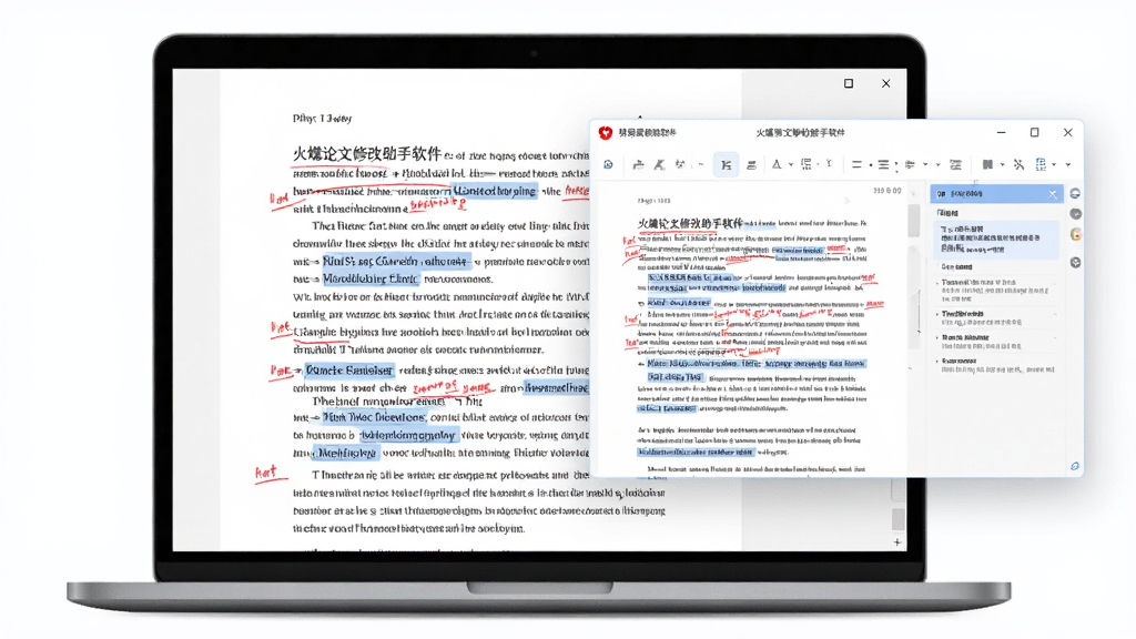 主体是一台打开的笔记本电脑,屏幕上显示着一篇学术论文和修改标记,旁边悬浮着