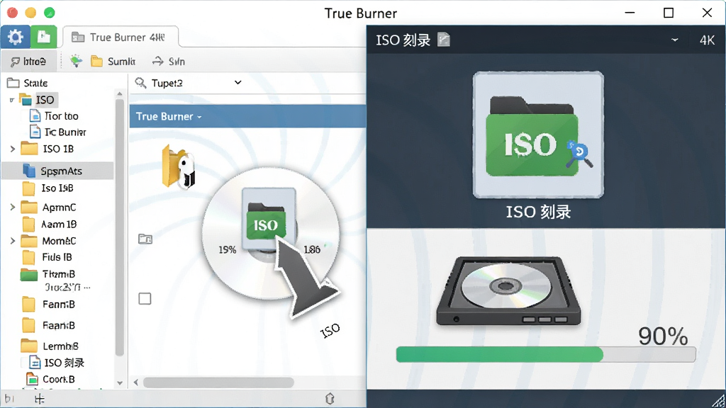 һ��չʾ True Burner ���� ISO �����¼���ܵ�ʾ��ͼ������������������ ISO �ļ���ק����¼�б��Ĳ�������������Ϊ����ļ���Դ�������Ҳ��¼���񴰿ڣ��Ű����½ṹ�Ϸ���ʾ ISO ͼ���·���ʾ����д����ȣ����Ϊ��ƽ���Ƽ��廭�磬ϸ�ڰ����ļ���ͼ�ꡢISO �ļ���ʶ���������̡����Ȱٷֱ����֣����������ֱ�ע 