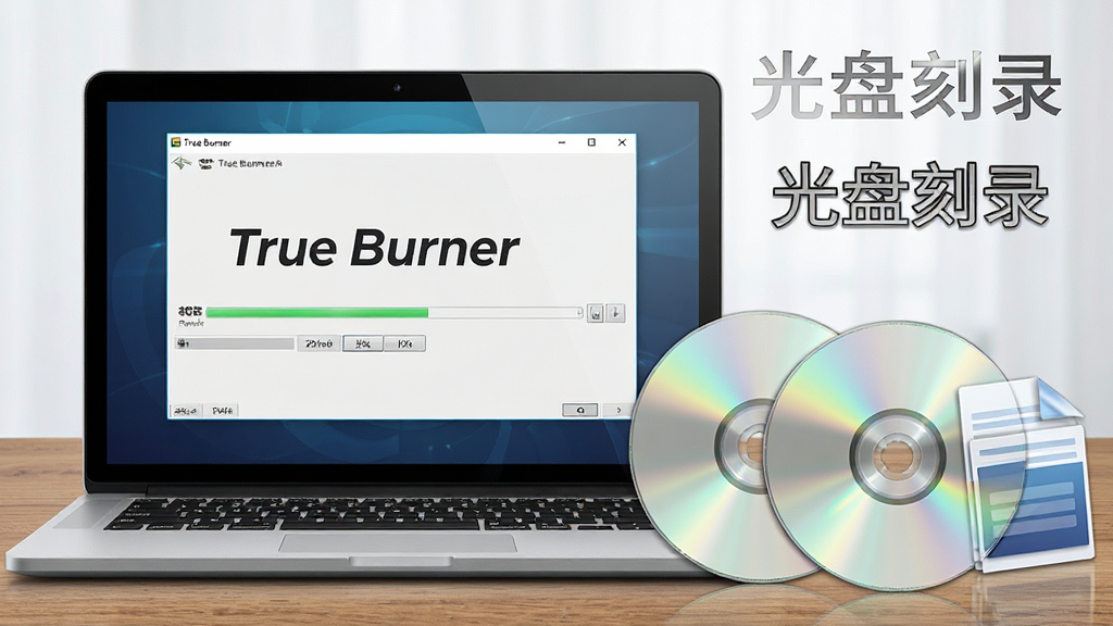 һ��չʾ True Burner �������������ͼ��������һ̨�򿪵ıʼǱ�������Ļ��ʾ True Burner ��¼���������棬�Ա߰ڷ��ż��ſհ� DVD ������һ�������ļ�ͼ�꣬���ֲ��þ��й�ͼ���Ű����Ϊ���������Ҳ�Ϊ����ʵ����Ϊ�ִ��Ƽ�дʵ�磬ϸ�ڰ����������ڰ�ť�������������̷����ʸС�����ľ�����������������ֱ�ע 