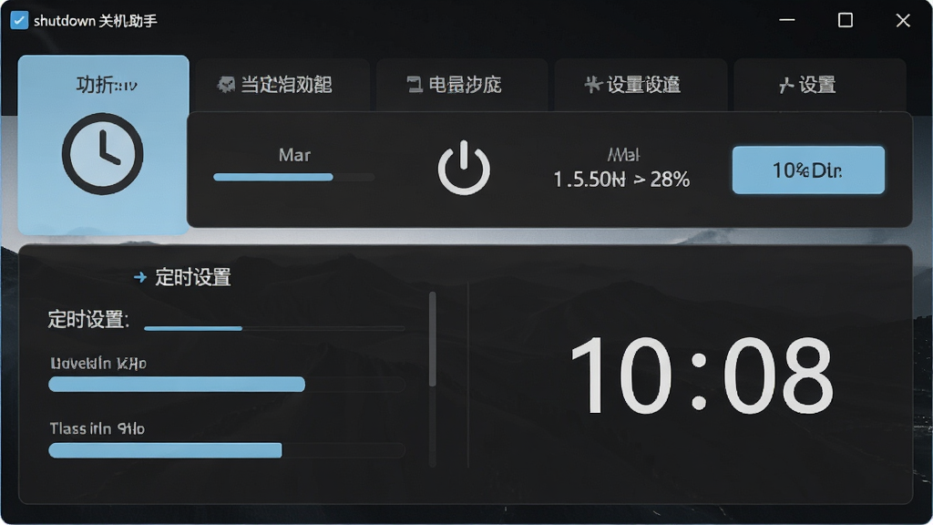 一张软件界面全景图,主体是shutdown关机助手软件的主窗口,布局采用上下结构,上方为功能选项卡,下方为定时设置区域和倒计时显示,排版整洁对称,风格为现代简约科技风,细节包含时钟图标、电源按钮、进度条、浅蓝色高亮按钮,画质高清,干净,无多余元素