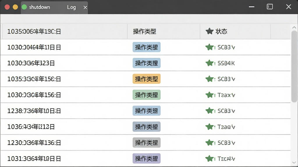 一张shutdown软件日志记录界面图,主体是日志列表表格,布局为纵向滚动列表,排版规整,风格为商务简约风,细节包含时间戳、操作类型标签、状态图标、灰色分隔线,画质高清,干净,无多余元素