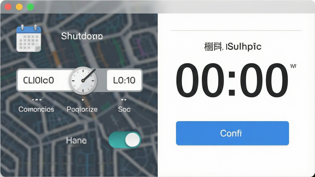 一张shutdown软件功能展示图,主体是定时设置面板,布局为左侧时间选择器右侧倒计时数字,排版清晰,风格为扁平化设计,细节包含日历图标、时钟指针、开关按钮、蓝色确认按钮,画质高清,干净,无多余元素