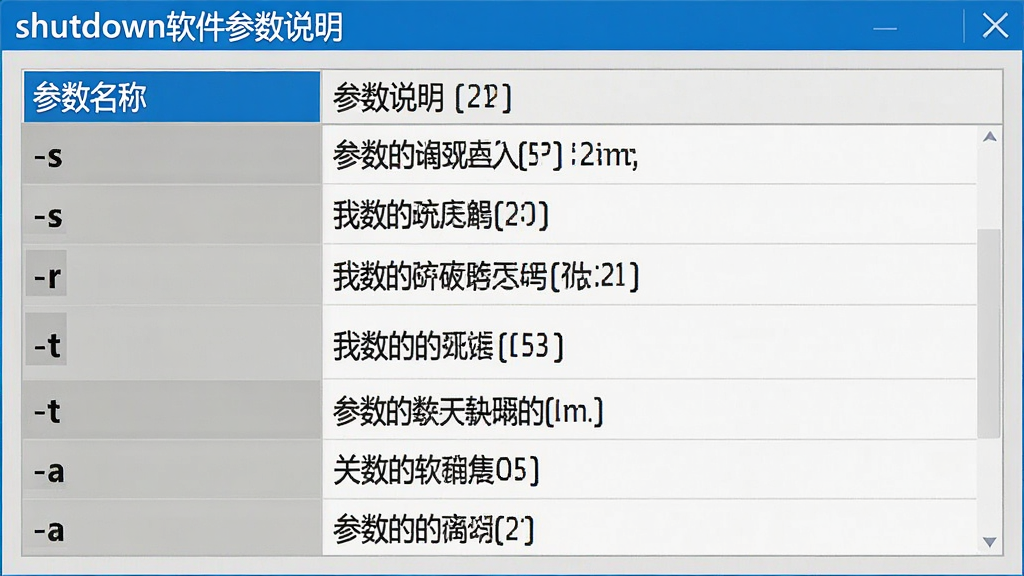 一张shutdown软件参数说明界面图,主体是参数列表与说明文字,布局为左右分栏,左侧为参数名称右侧为中文解释,排版整齐,风格为办公文档风,细节包含“-s”“-r”“-t”“-a”等参数标签、灰色背景、蓝色标题栏,画质高清,干净,无多余元素