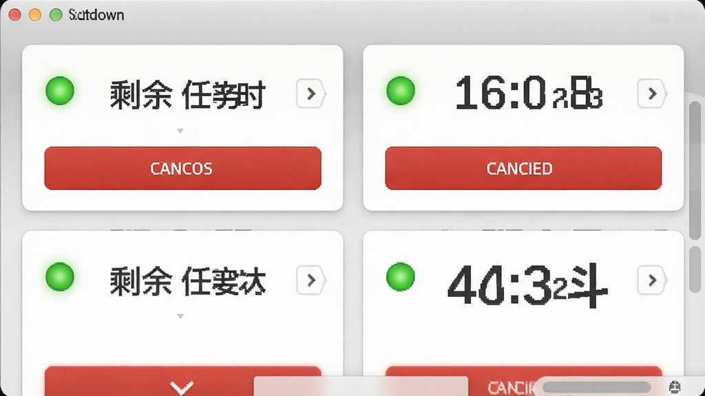 一张shutdown软件任务管理界面图,主体是任务状态卡片,布局为上下排列,上方显示剩余时间下方显示取消按钮,排版简洁,风格为卡片式设计,细节包含红色取消按钮、绿色运行指示灯、数字倒计时,画质高清,干净,无多余元素