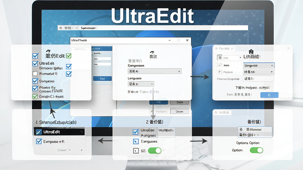 UltraEdit ���ְ�װ���ò���ʾ��ͼ������Ϊ������Ļչʾ��װ�������ý��棬����Ϊ���зֲ��Ű棬���Ϊ����ѧ�磬ϸ�ڰ�����ѡ�����������˵�������ѡ��أ����ʸ��塢�ɾ����޶���Ԫ�أ������д����� 