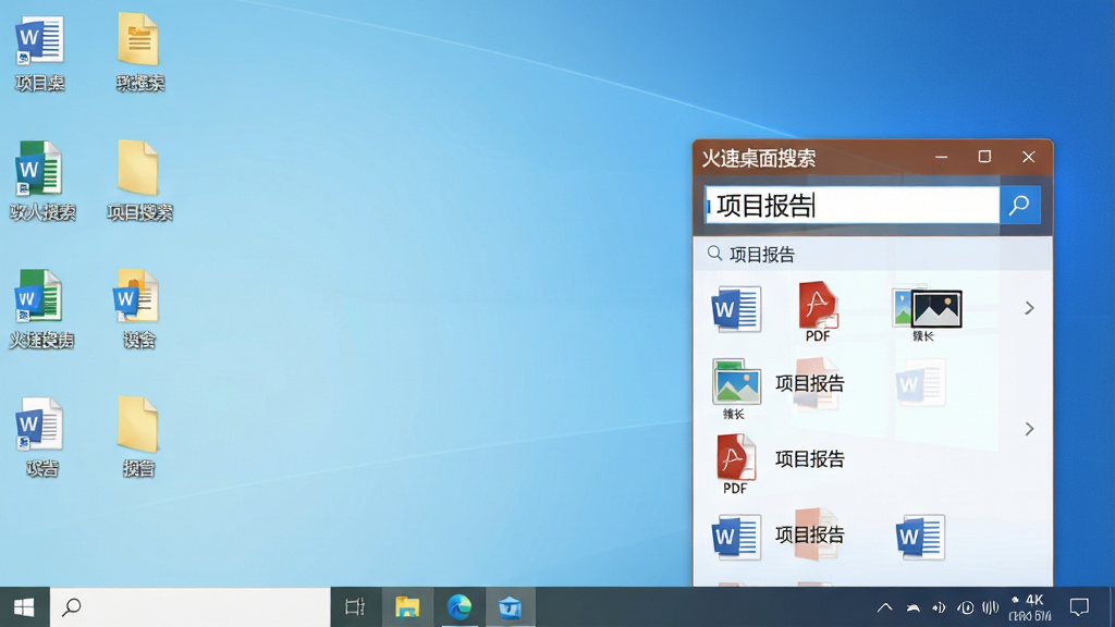 软件全貌展示图,画面中央为简洁的Windows桌面环境,一个名为“火速桌面搜索”的搜索框悬浮在桌面右侧,搜索框内显示“项目报告”字样,下方列出多条文件搜索结果,包含Word文档、PDF和图片图标,背景为浅蓝色渐变,桌面图标排列整齐,整体风格清爽商务,画质清晰,文字锐利,干净无多余元素,4K分辨率