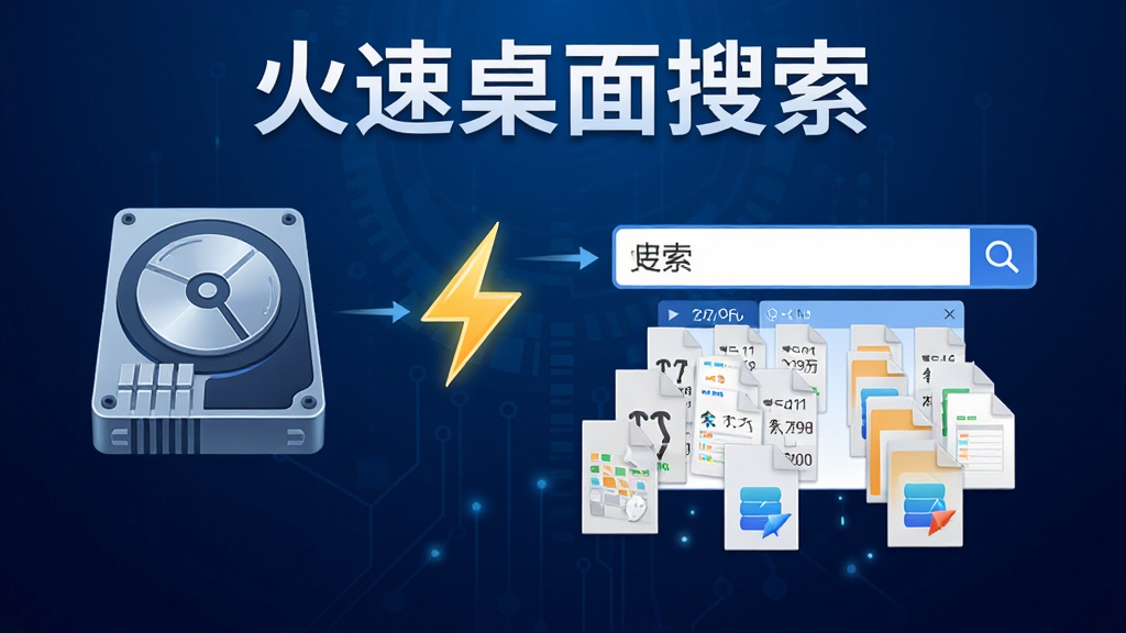 一张展示“火速桌面搜索”极速索引引擎的示意图,画面左侧为硬盘图标,右侧为搜索框,中间用闪电符号连接,搜索框下方瞬间弹出多条文件结果,背景为深蓝色科技感渐变,画面中有“火速桌面搜索”文字标识,风格简洁科技,画质高清,无杂乱元素