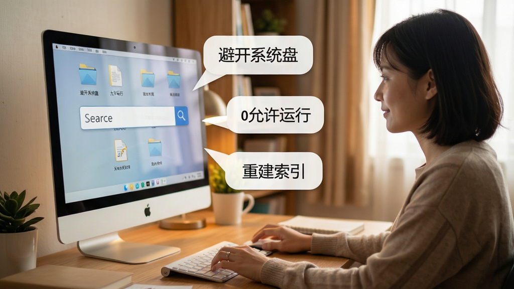 火速桌面搜索实用小贴士场景图,画面中一位用户在电脑前使用搜索框查找文件,旁边浮现多个提示气泡,分别写着“避开系统盘”“允许运行”“重建索引”,背景为温馨的居家办公环境,风格写实,画质清晰,无多余杂乱元素