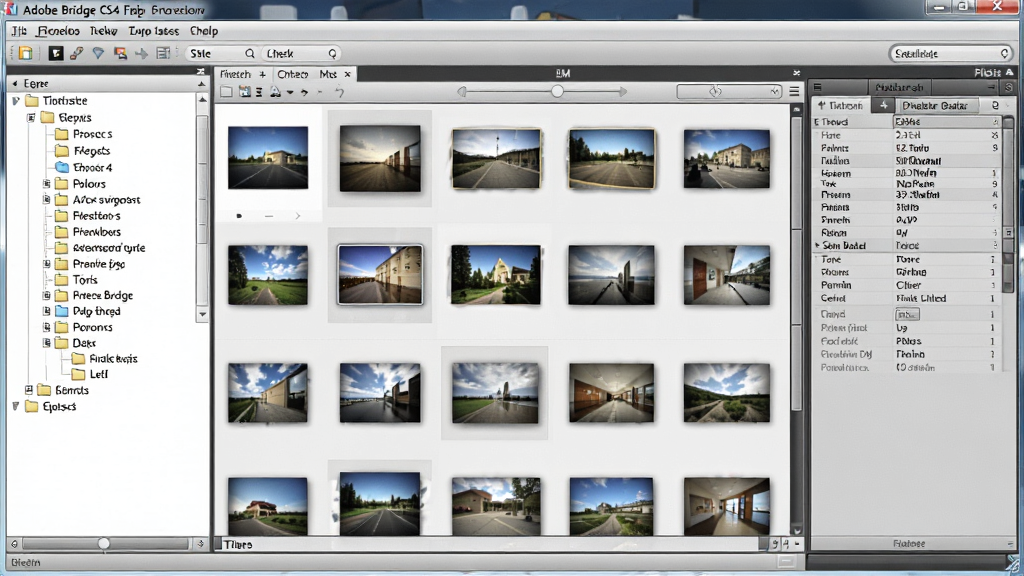 一张展示 Adobe Bridge CS4 软件主界面的图片,画面中央是软件窗口,左侧显示文件夹目录树,中间区域以缩略图网格形式展示多张照片素材,右侧面板显示元数据信息。整体布局清晰,界面采用经典的深灰色专业软件风格,细节包括菜单栏、工具栏、缩略图滑块和面板标签,画质高清,干净,无多余元素。