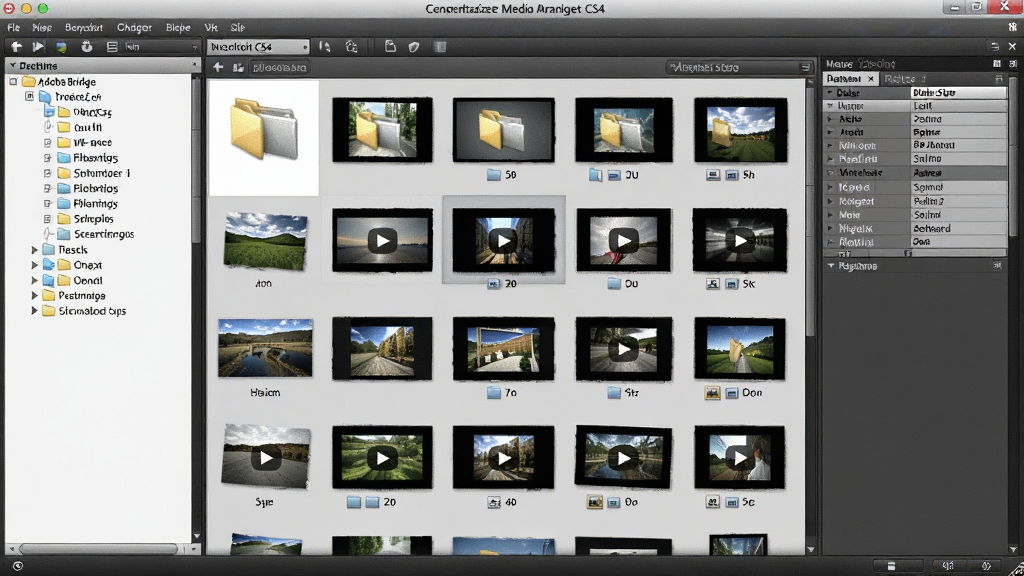 一张展示 Adobe Bridge CS4 集中化媒体管理功能的图片,画面中软件界面左侧为文件夹树形目录,中央区域以缩略图网格展示多张图片和视频文件,右侧为元数据面板。界面采用深灰色调,缩略图排列整齐,文件夹图标清晰可见,整体风格专业简洁,画质高清,干净,无多余元素。
