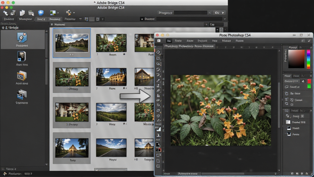一张展示 Adobe Bridge CS4 与 Photoshop 集成的图片,画面中 Bridge 软件界面显示多张 RAW 格式照片缩略图,一个箭头指向打开的 Photoshop 窗口,Photoshop 中正在编辑其中一张照片。界面采用深灰色专业风格,图标清晰,布局合理,画质高清,干净,无多余元素。
