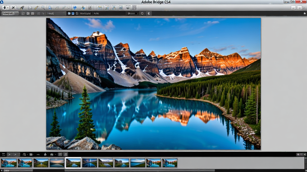 一张展示 Adobe Bridge CS4 全屏预览模式的图片,画面中软件处于全屏状态,中央显示一张高分辨率风景照片,底部有缩略图导航条,顶部有半透明工具栏。界面风格沉浸式,照片色彩鲜艳,画质高清,干净,无多余元素。