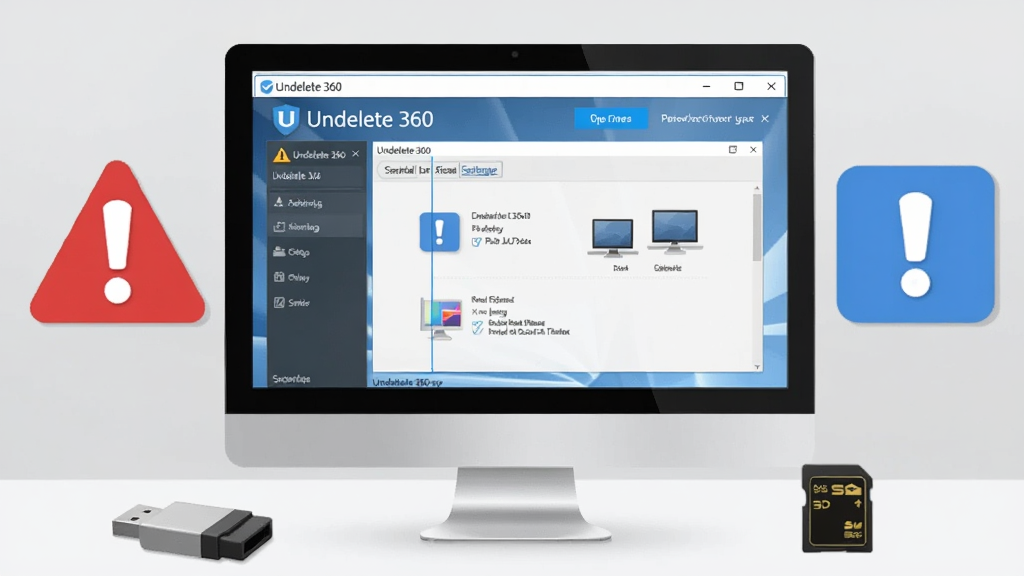 一张关于 Undelete 360 使用注意事项的写实风格信息图,画面主体为电脑屏幕显示 Undelete 360 软件扫描界面,屏幕旁有一个红色警告标识和一个蓝色提示标识,背景为简洁的浅灰桌面,整体布局为居中构图,风格为扁平化信息图与写实结合,细节包含软件名称文字