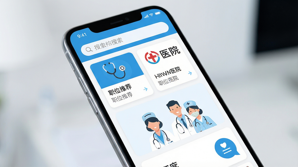 ҽֱƸ�ֻ�Ӧ�ý���չʾ������Ϊһ���ִ������ֻ�����Ļ����ʾҽ���˲���ƸAPP��ҳ�����ְ���������������ְλ�Ƽ���Ƭ��ҽԺlogo��ҽ����ʿ�廭���Ű������������Ϊ����ҽ��������ɫ��ϸ�ڰ���������ͼ�ꡢ����ͼ�ꡢ�������ݣ����ʸ��壬����ɾ����޶���Ԫ��
