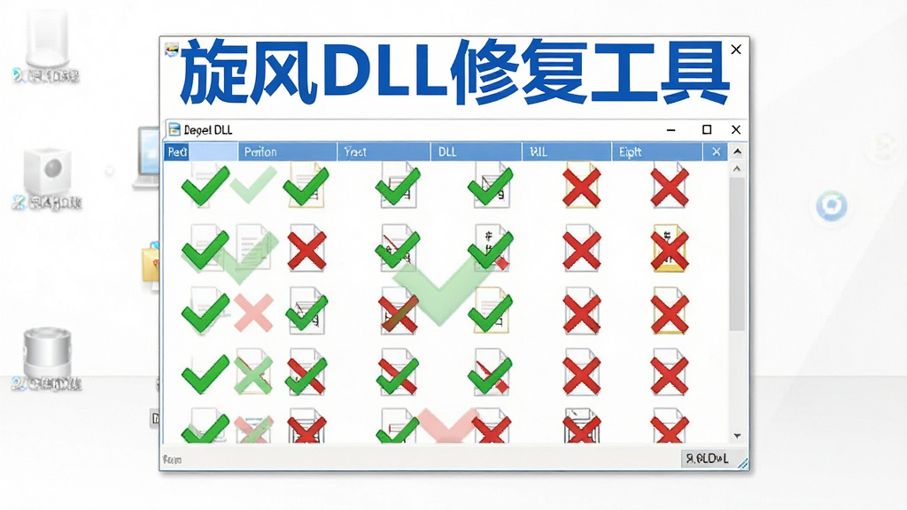 一张展示旋风DLL修复工具软件主界面的全景图,画面中央是软件主窗口,窗口内显示绿色对勾和红色叉号的DLL文件扫描列表,软件名称“旋风DLL修复工具”以醒目的蓝色字体显示在窗口顶部标题栏,背景是干净的白色桌面,风格简洁专业,画质清晰,无多余元素