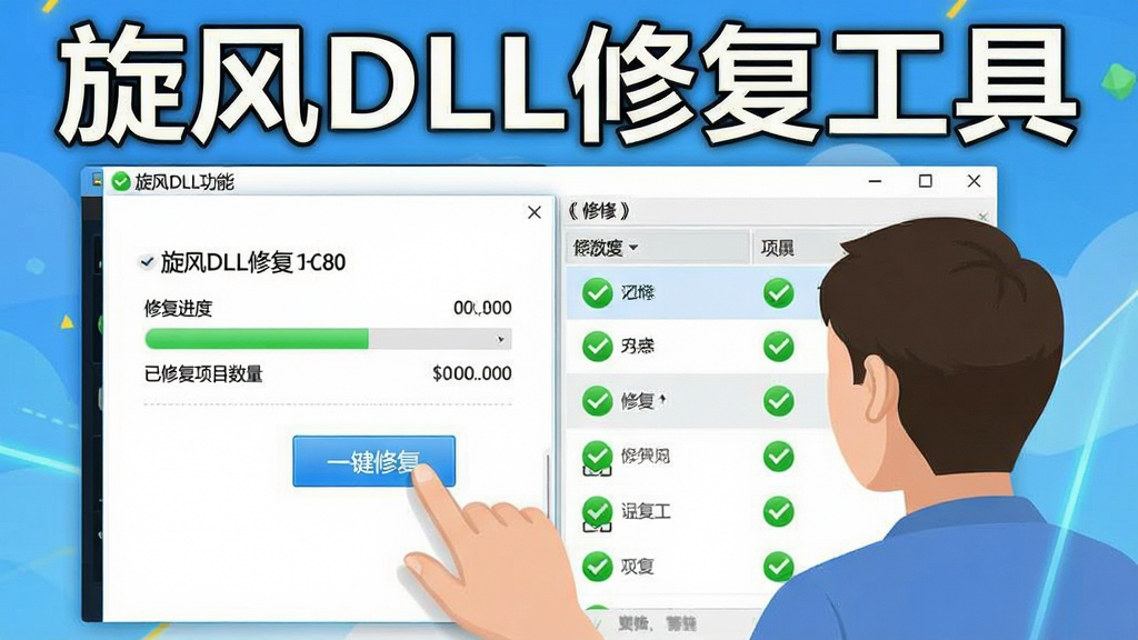 一张展示旋风DLL修复工具一键修复功能的图片,画面中用户点击“一键修复”按钮,软件界面显示修复进度和已修复项目数量,绿色对勾图标遍布列表,软件名称“旋风DLL修复工具”位于界面显著位置,风格简洁明快,画质清晰,无多余元素