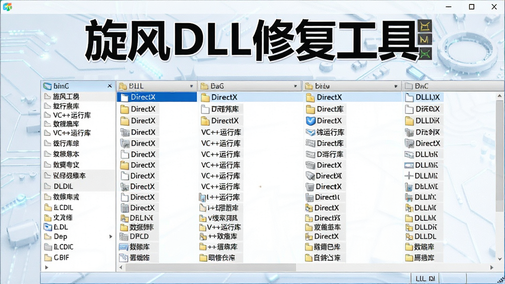 一张展示旋风DLL修复工具DLL数据库的图片,画面中软件界面显示庞大的DLL文件库分类列表,包括DirectX、VC++运行库等类别,软件名称“旋风DLL修复工具”在顶部醒目展示,背景为浅色科技纹理,风格专业可靠,画质清晰,无多余元素