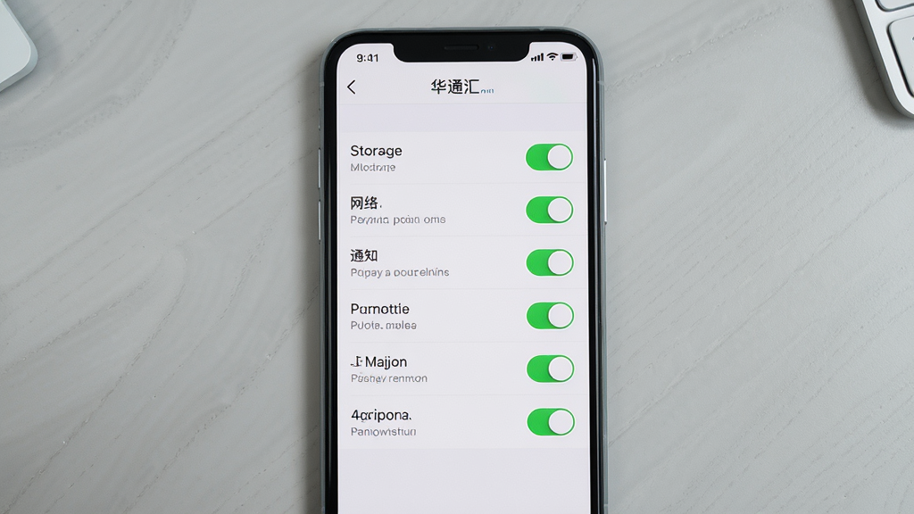 主体为华通汇应用在手机上的权限设置界面截图风格,画面中央是手机屏幕,屏幕显示权限管理列表,存储、网络、通知等权限开关清晰可见。布局为手机正面平放,背景为浅灰色桌面。排版规整,风格为实用教程风。细节上开关按钮有绿色高亮,文字标注明确。画质高清,干净清晰,无多余元素。