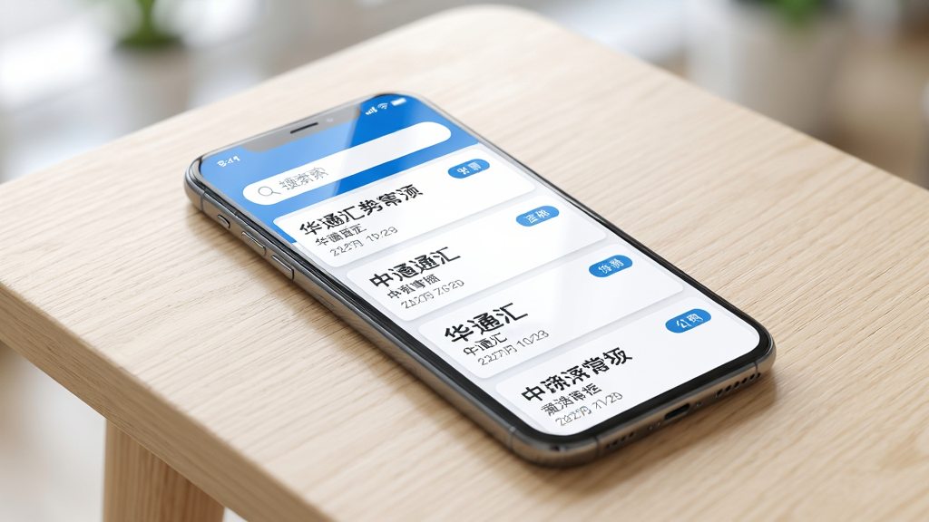 主体为一部智能手机,屏幕中显示华通汇应用界面,界面采用蓝白配色,顶部有搜索框,下方排列着多条中标公告卡片,每张卡片带有标题和日期标签。布局采用居中构图,手机略微倾斜放置于浅色木纹桌面上。排版简洁,四周留白充足。风格为现代商务科技风,细节上屏幕有轻微反光,卡片文字清晰可辨,背景虚化处理。画质高清,干净明亮,无多余元素干扰。