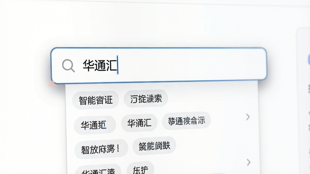 主体为华通汇搜索功能界面特写,画面中央是一个放大的搜索输入框,框内有光标闪烁,下方弹出智能联想词列表。布局采用居中聚焦式,搜索框周围有浅色阴影突出。排版简洁明了,风格为现代极简科技风。细节上联想词以标签形式呈现,背景为纯白色。画质高清,干净利落,无多余元素。