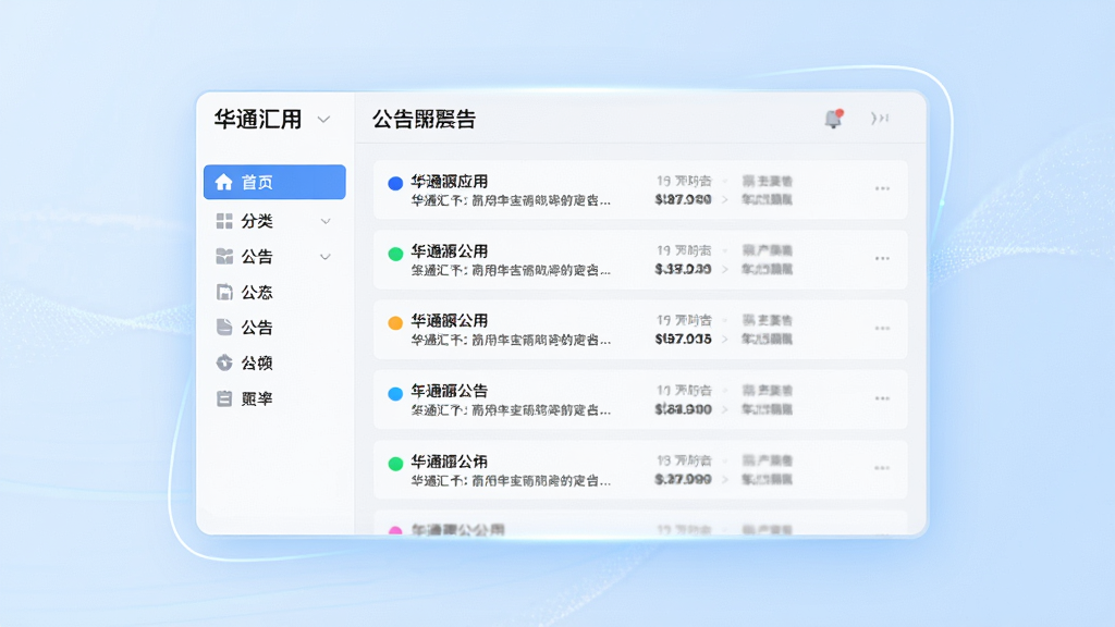 主体为华通汇应用中的公告聚合页面,画面中央是一块悬浮的虚拟数据面板,面板上排列着整齐的公告条目,每条前面带有彩色圆点标记。布局为左右分栏,左侧是分类导航,右侧是公告流。排版清晰有序,风格为扁平化商务科技风。细节上数据面板有轻微光晕效果,背景为淡蓝色渐变。画质高清,干净整洁,无多余装饰元素。