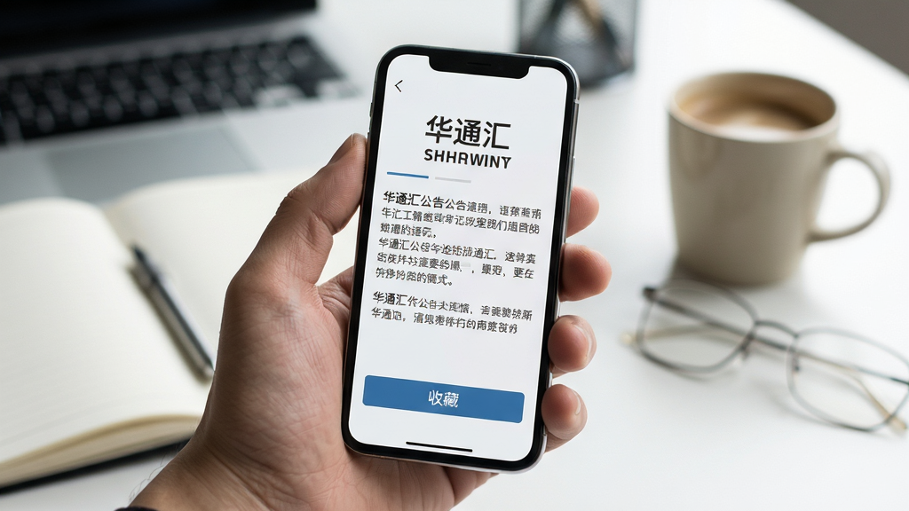 主体为一只手握住手机,手机屏幕上显示华通汇的公告详情页,文字排版疏朗,有标题、正文和底部的收藏按钮。布局为手持特写,背景为虚化的办公桌场景,桌上有笔记本和咖啡杯。排版自然,风格为写实生活办公风。细节上手机屏幕亮度适中,文字清晰,手指自然搭在屏幕边缘。画质高清,光线柔和,无杂乱物品。