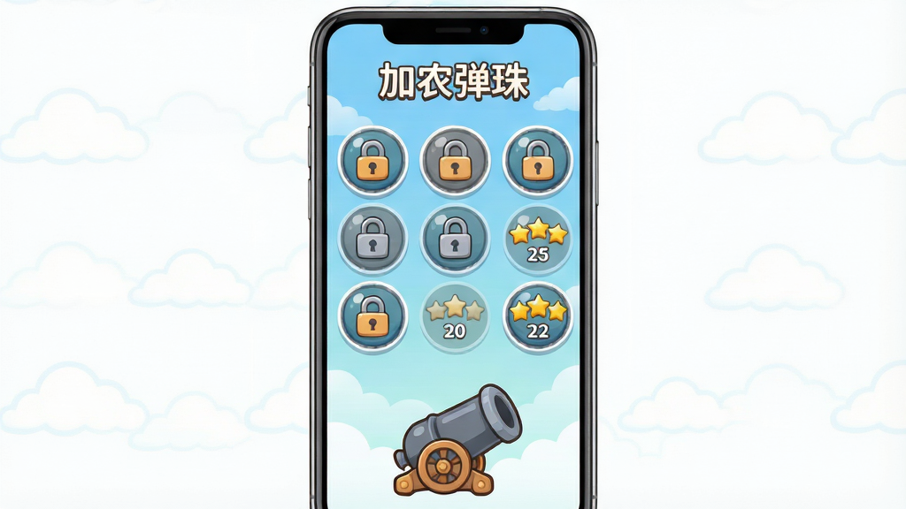 画面展示一个手机屏幕界面,屏幕内是加农弹珠的游戏关卡选择页面,页面上排列着多个圆形关卡图标,有的图标上带锁,有的显示三颗星评价,背景是淡蓝色渐变,屏幕下方有一门小加农炮图标作为装饰,布局采用竖屏手机界面居中展示,风格为扁平化卡通UI,细节包括关卡图标上的数字编号、星星的高光、背景的云朵纹理,画面中打上文字“加农弹珠”,画质清晰干净,无多余元素