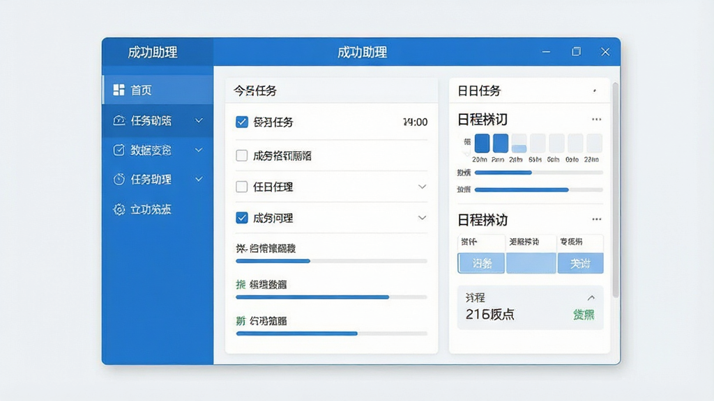 一张展示成功助理软件主界面的图片,画面中央是软件窗口,左侧为功能导航栏,右侧显示今日任务清单和日程安排,窗口标题栏清晰写着“成功助理”四个字,整体布局简洁有序,配色以蓝白为主,风格现代商务,细节包括任务勾选框、时间标签、进度条等元素,画质清晰,干净无多余装饰