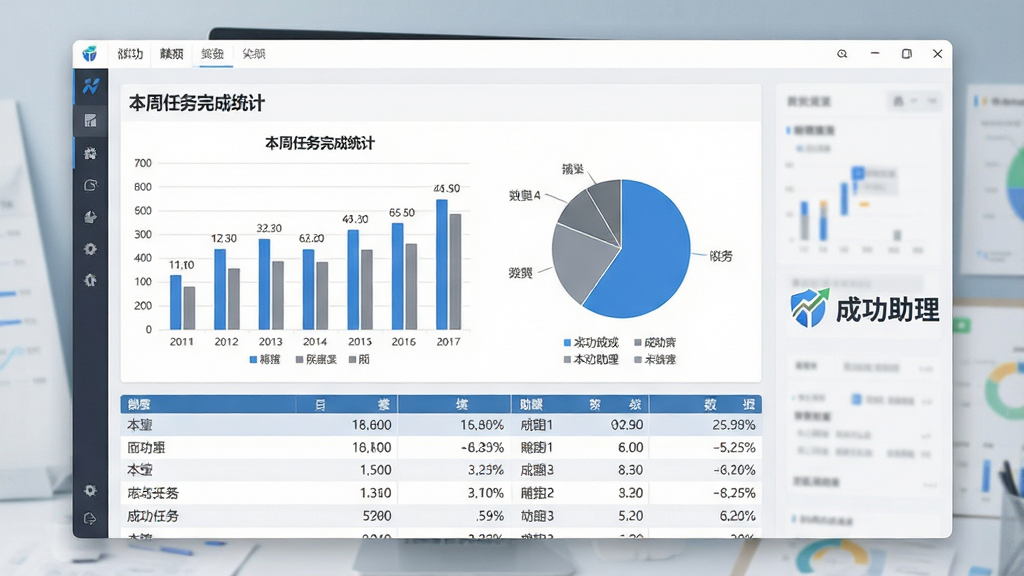 一张展示成功助理数据统计报表的图片,画面中央是软件窗口,显示柱状图和饼图,图表标题为“本周任务完成统计”,下方有详细的数据列表,界面右侧有“成功助理”的Logo标识,整体风格专业简洁,配色以蓝色和灰色为主,细节包括坐标轴、数据标签、图例,画质清晰,干净无多余装饰