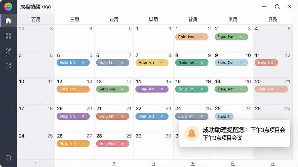一张展示成功助理日程提醒功能的图片,画面中软件界面显示月历视图,多个日期格内标注了不同颜色的任务标签,一个弹窗提醒框出现在界面右下角,上面写着“成功助理提醒您:下午3点项目会议”,整体风格清爽,配色柔和,细节包括日历网格、彩色标签、提醒图标,画质清晰,干净无多余元素