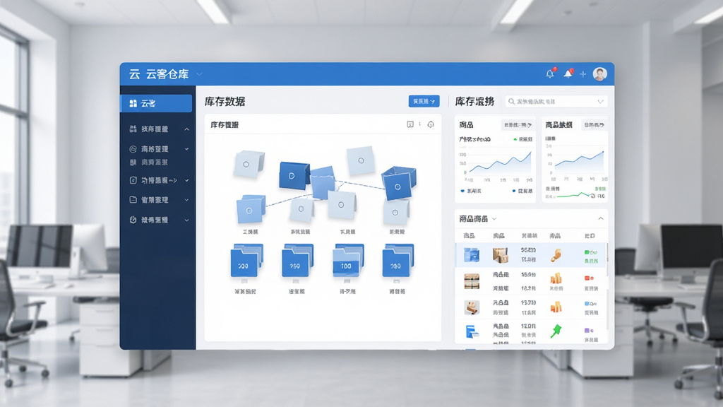 软件全貌展示图,画面中央是云客仓库管理系统的主界面窗口,左侧为功能导航栏,右侧显示库存数据仪表盘与商品列表,界面风格简洁现代,配色以蓝色和白色为主,背景为干净的浅灰色办公环境,整体布局清晰,画质高清,细节锐利,无多余元素