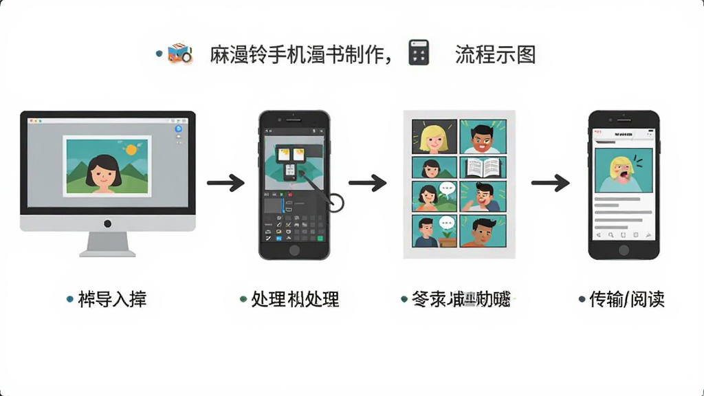 一张展示比特铃手机漫画书制作工具使用流程的示意图,画面从左到右依次是电脑导入图片、软件处理、生成漫画书、传输到手机阅读四个步骤,布局为横向流程图,风格为扁平化插画,细节上每个步骤都有对应的图标和简短文字说明,画质清晰,干净,无多余元素