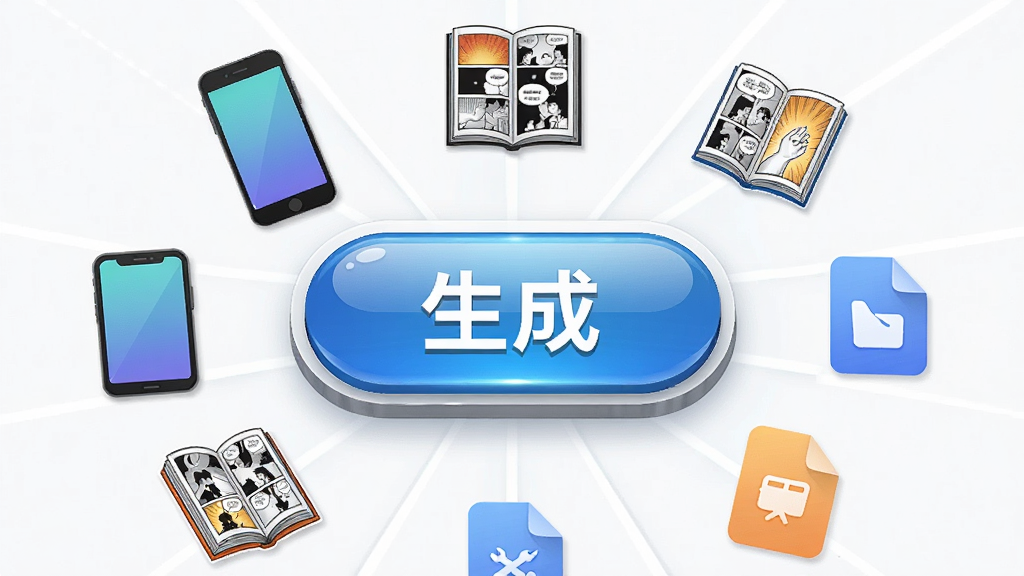 一张展示比特铃手机漫画书制作工具一键生成功能的示意图,画面中央是一个大的生成按钮,按钮周围环绕着手机、漫画书、文件图标等元素,布局为放射状构图,风格为现代简约,细节上按钮有光泽质感,画质清晰,干净,无多余元素